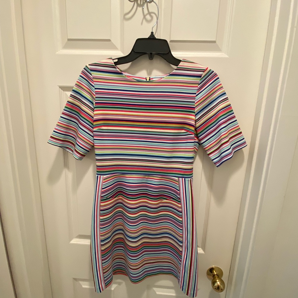 Amanda Uprichard rainbow striped short sleeve scuba dress